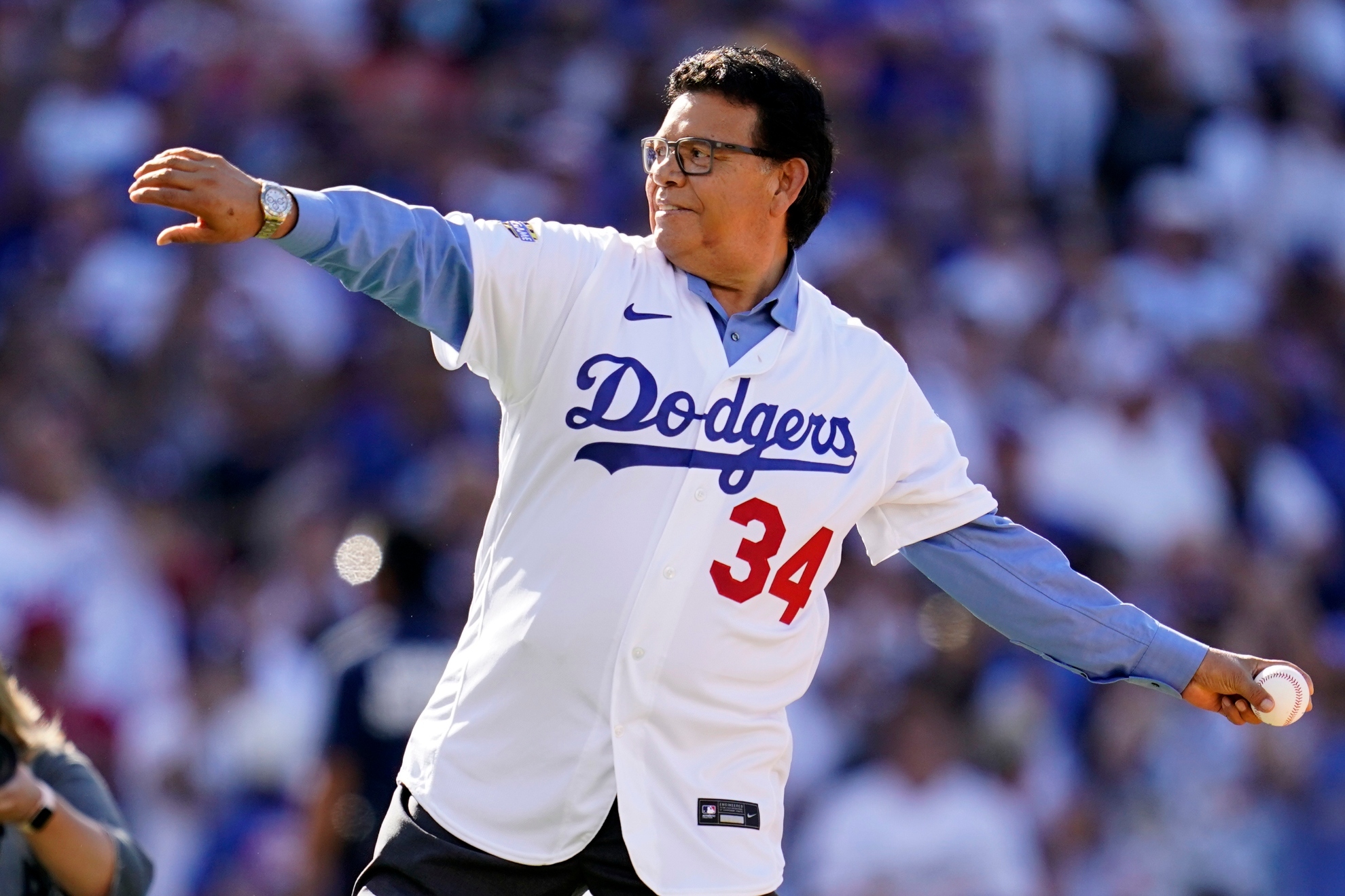 Former Los Angeles Dodgers pitcher Fernando Valenzuela throws the ceremonial first pitch during the MLB All-Star baseball game, July 19, 2022, in Los Angeles. The Dodgers will retire the No. 34 jersey of Valenzuela during a three-day celebration this summer.