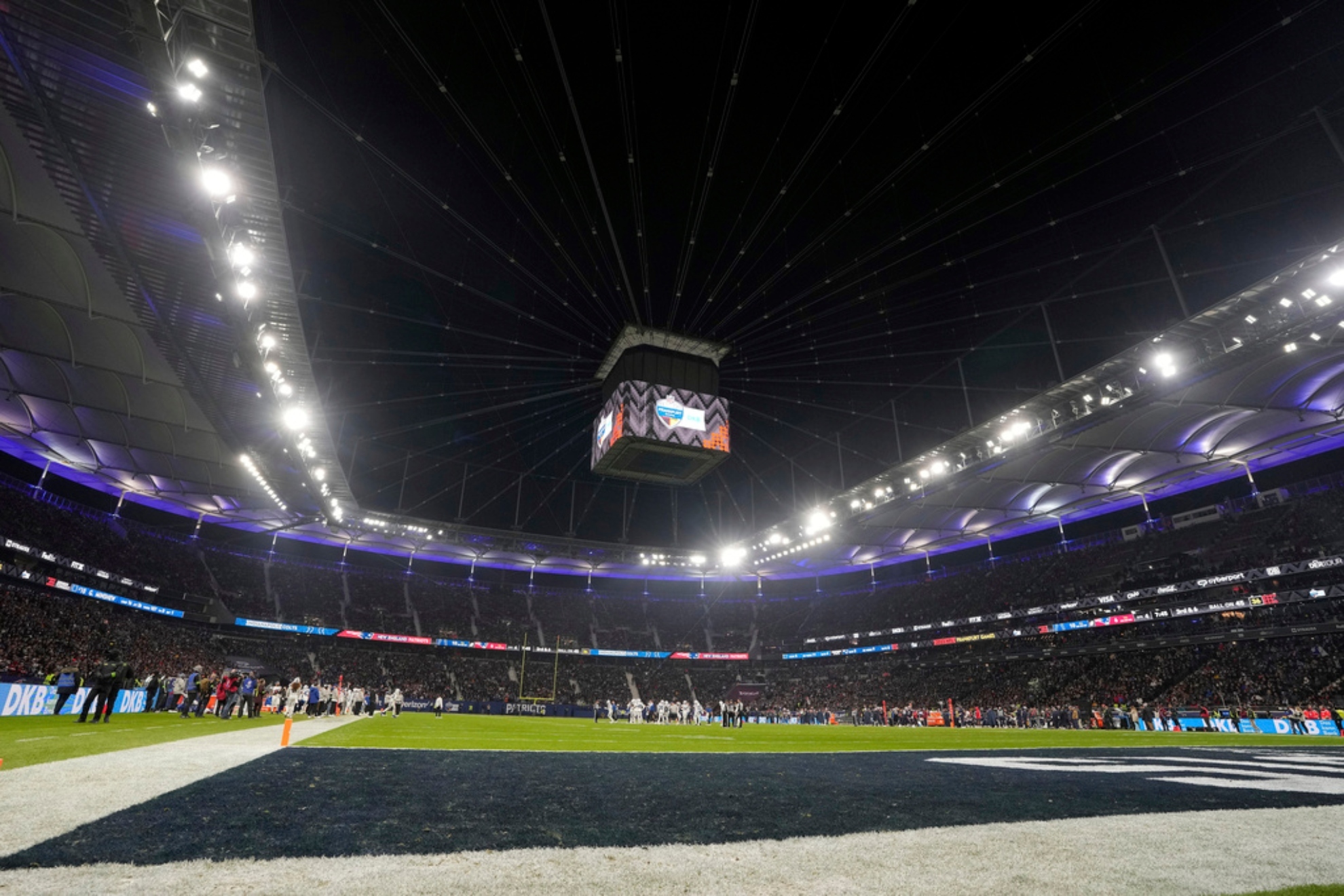 A general overall interior view as Colts take on the Patriots during an NFL football game at Deutsche Bank Park Stadium in Frankfurt.