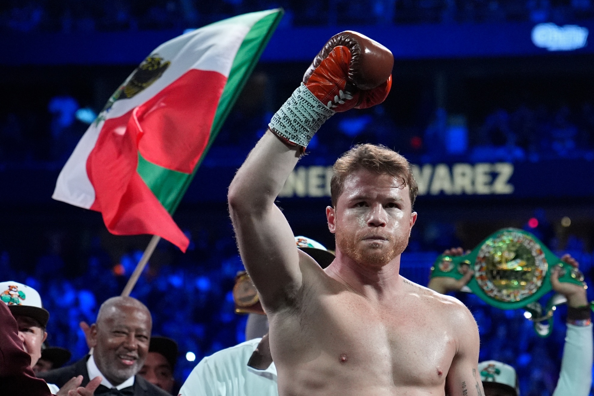 Canelo Alvarez reacts before fighting Edgar Berlanga in a super middleweight title bout Saturday, Sept. 14, 2024, in Las Vegas. (AP Photo/John Locher)