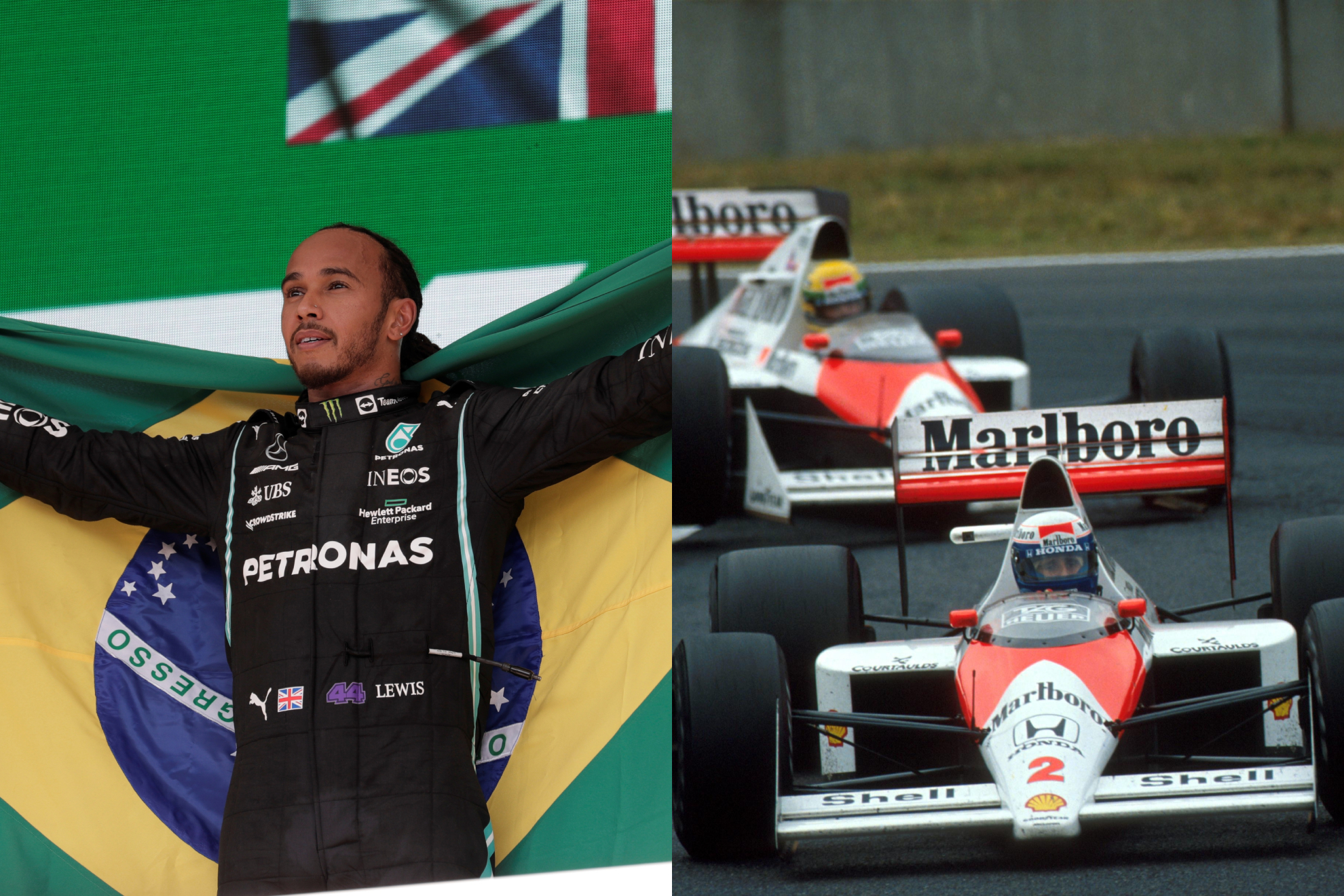 Lewis Hamilton celebrando la victoria en Brasil y Ayrton Senna conduciendo el MP4/5B