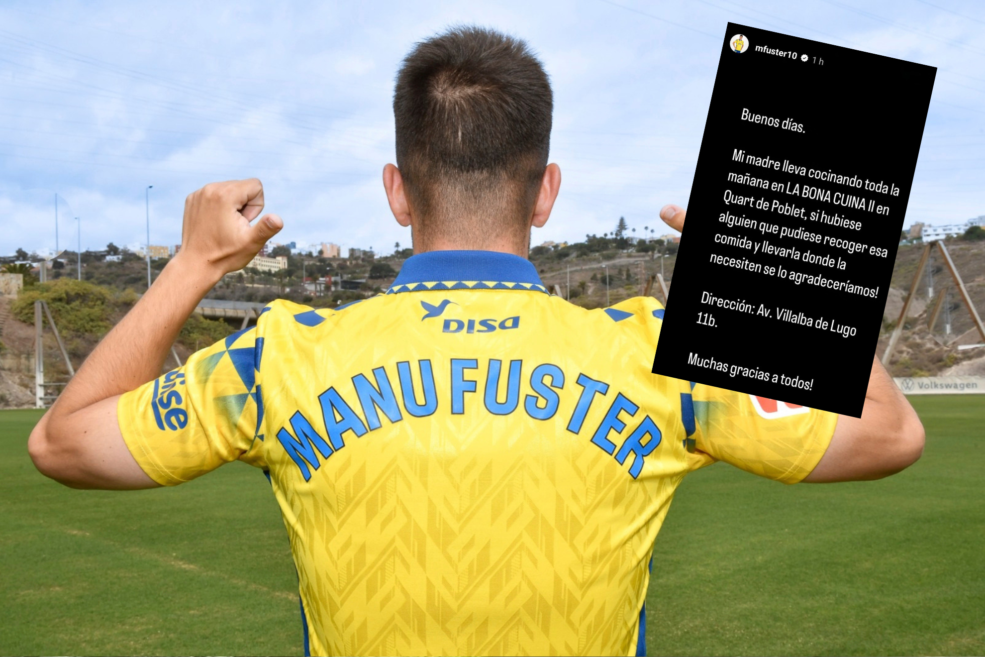 Manu Fuster con la camiseta de Las Palmas y su comunicado en redes sociales