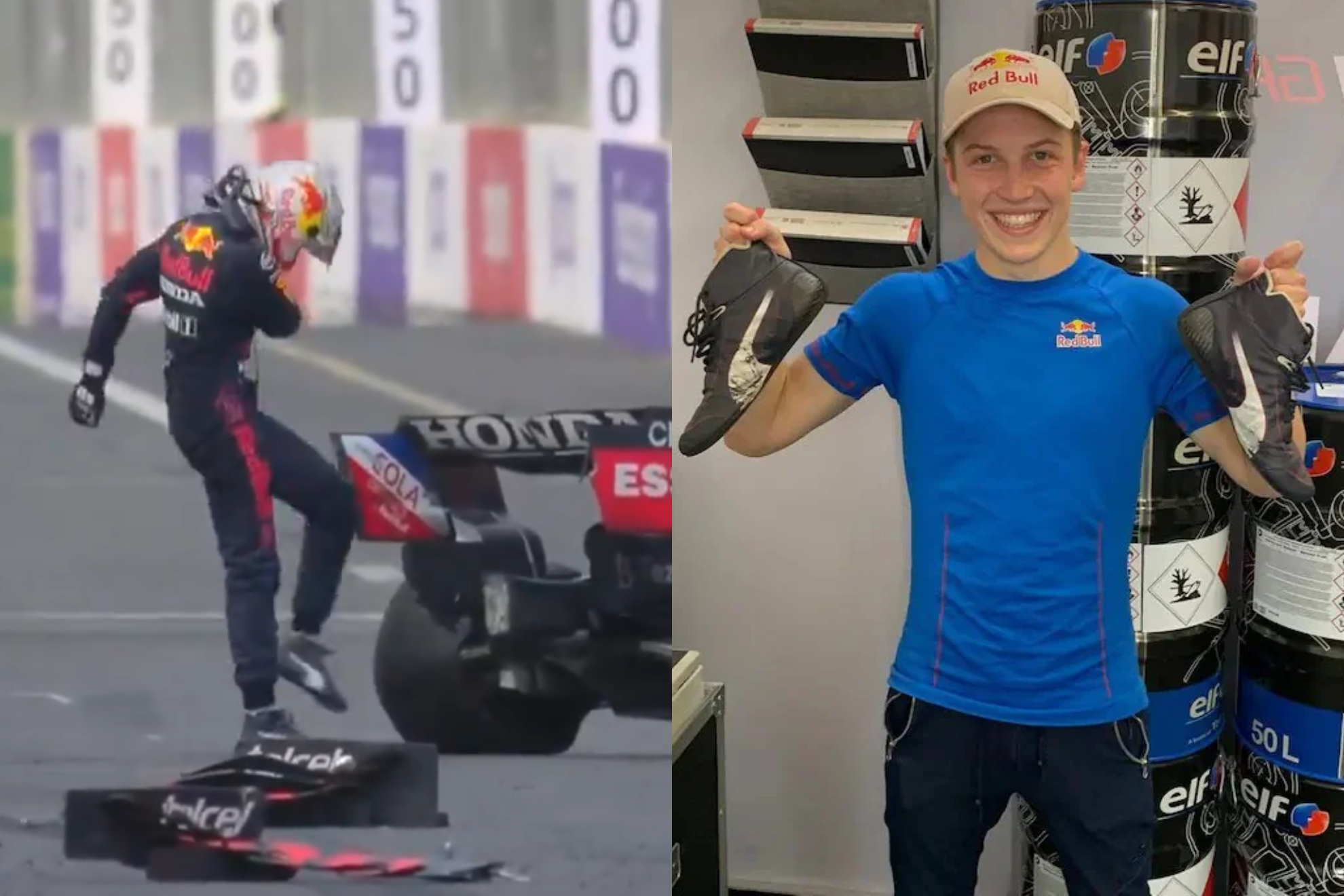 Liam Lawson con las botas que le prest� a Max Verstappen en Bak� 2021