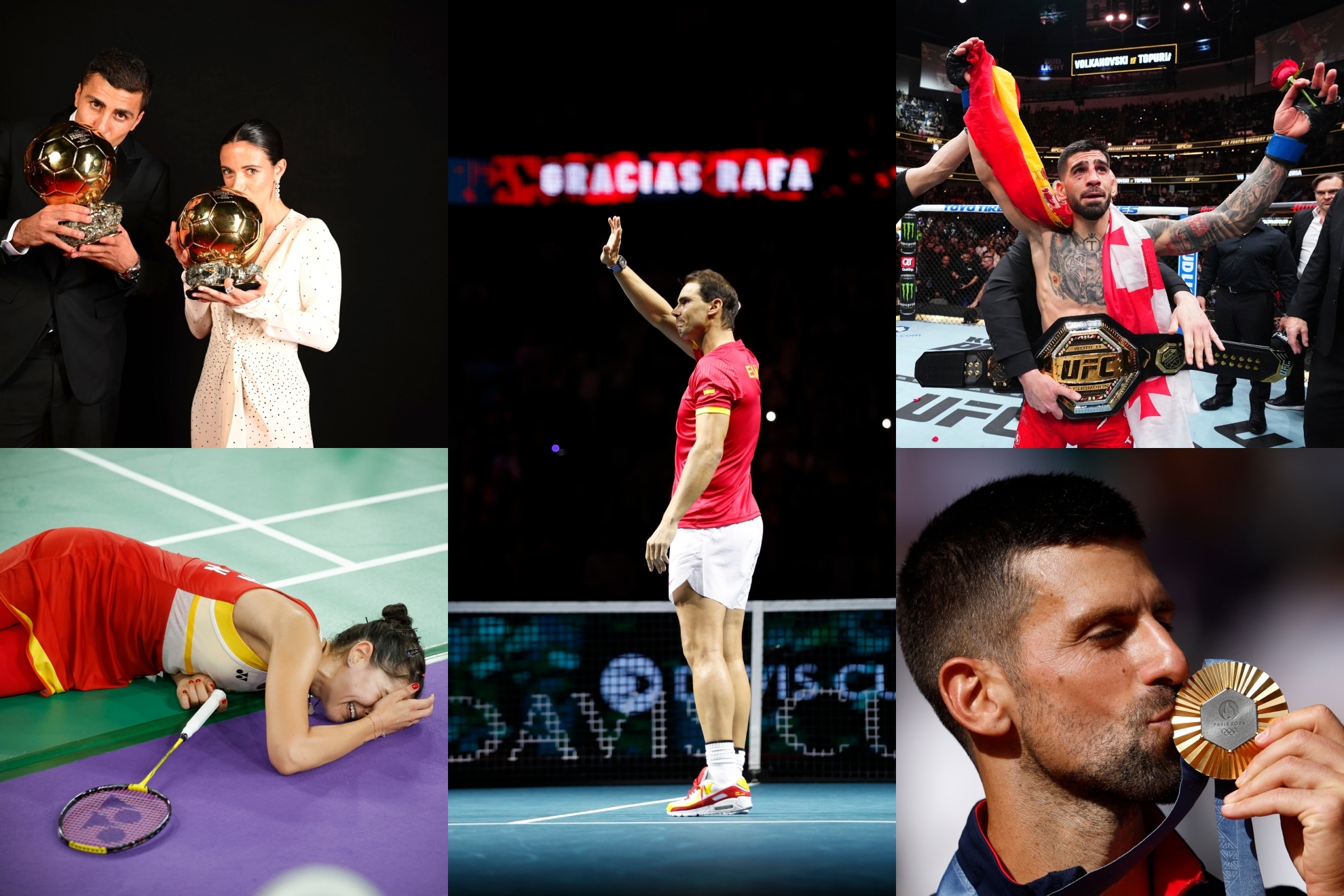 Cinco grandes momentos del deporte en 2024. Rafa Nadal el d�a de su retirada, Rodri y Aitana con sus Balones de Oro, Carolina Mar�n llora tras su lesi�n, Topuria celebra su t�tulo mundial y Djokovic besa su oro ol�mpico.