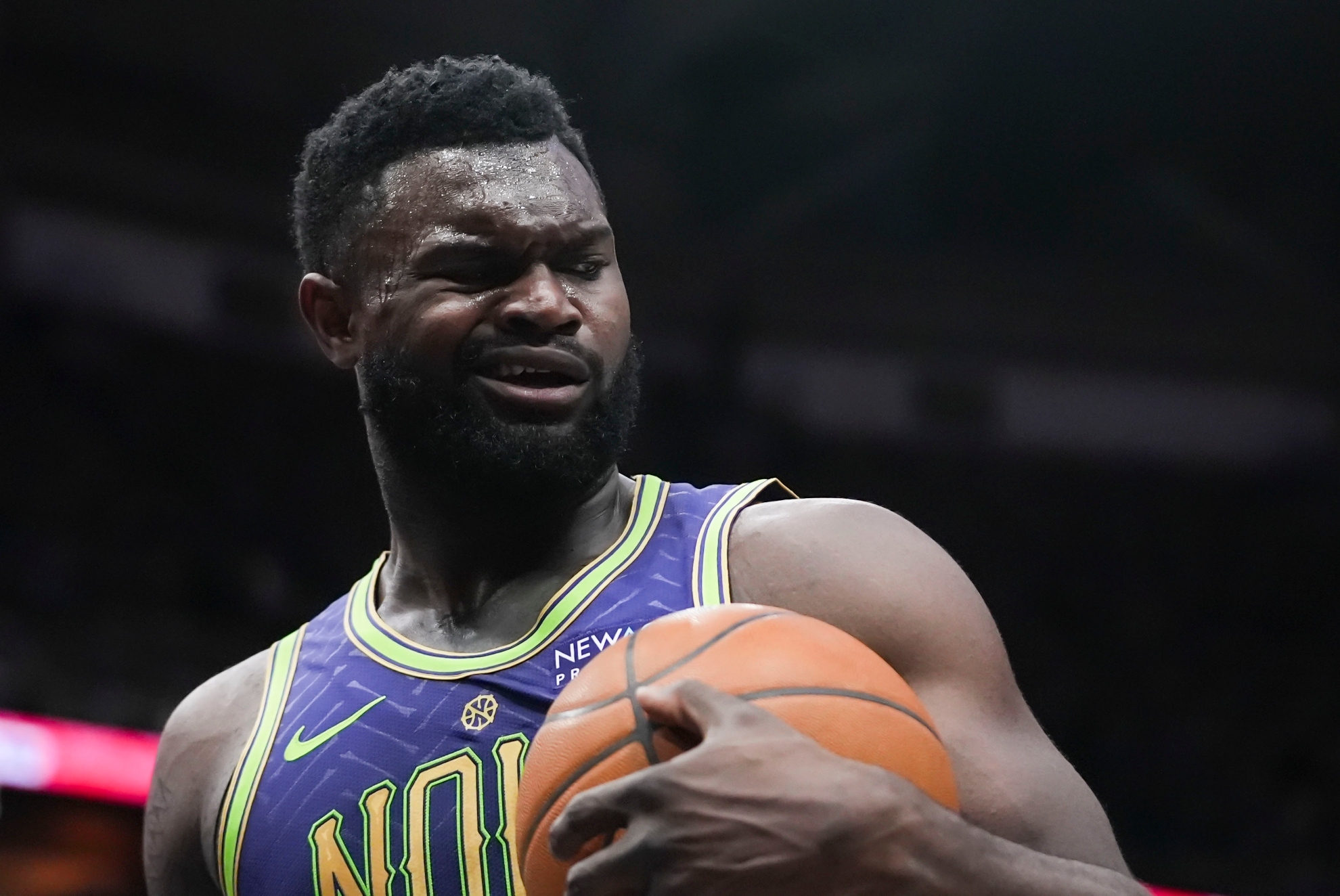 New Orleans Pelicans forward Zion Williamson reacts to an officials call in the first half of an NBA basketball game against the Minnesota Timberwolves in New Orleans, Tuesday, Jan. 7, 2025