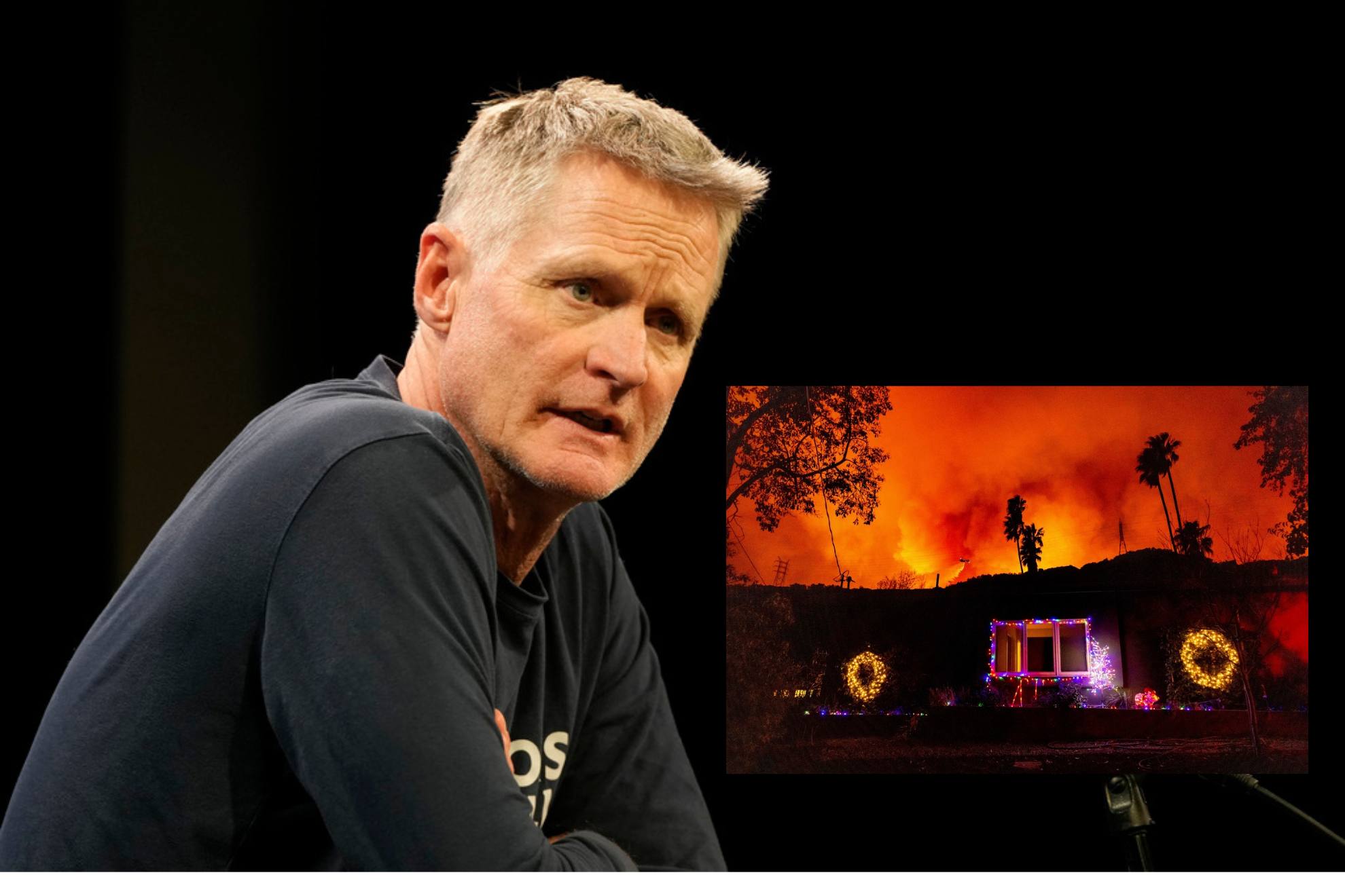 A montage with a photo of Steve Kerr and another of the fire that destroyed his mothers house.