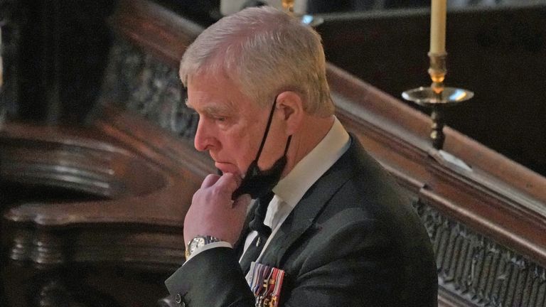 The Duke of York during the funeral of the Duke of Edinburgh in St George's Chapel, Windsor Castle, Berkshire. Picture date: Saturday April 17, 2021.