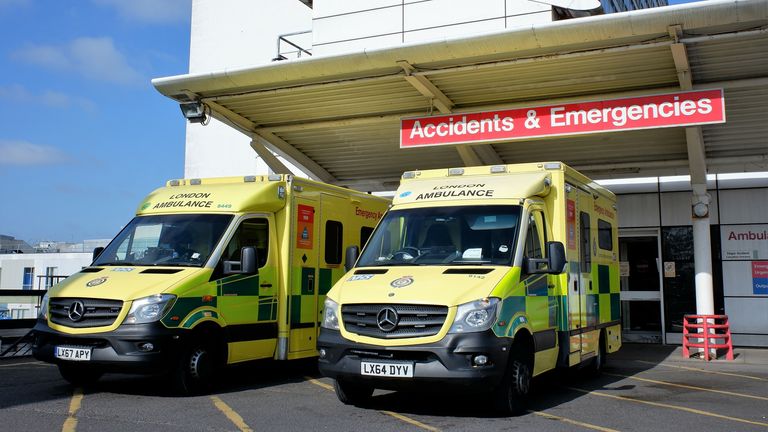 Uxbridge, London, England, UK - April 4th 2021: Ambulances outside Accidents and Emergencies entrance at Hillingdon Hospital, Uxbridge