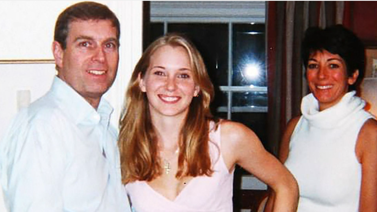 Prince Andrew, Virginia Giuffre and Ghislaine Maxwell, pictured in a photo believed to have been taken in 2001. Pic: Rex/Shutterstock