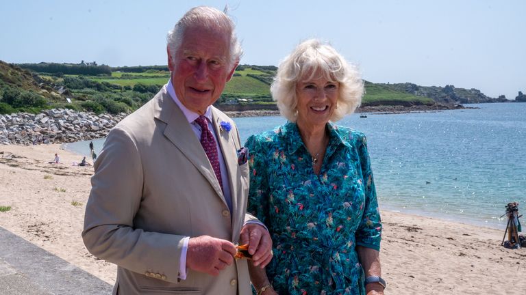 The Prince of Wales and the Duchess of Cornwall, during a visit to St MaryÕs Quayside, on St Mary's, Isles of Scilly. Picture date: Tuesday July 20, 2021.