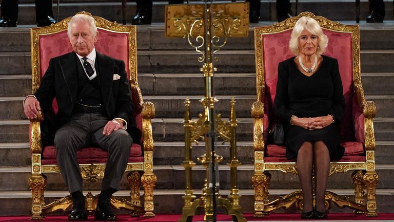 Britain's King Charles and Queen Camilla attend the presentation of Addresses by both Houses of Parliament in Westminster Hall, inside the Palace of Westminster, following the death of Britain's Queen Elizabeth, in central London, Britain September 12, 2022. Stefan Rousseau/Pool via REUTERS
