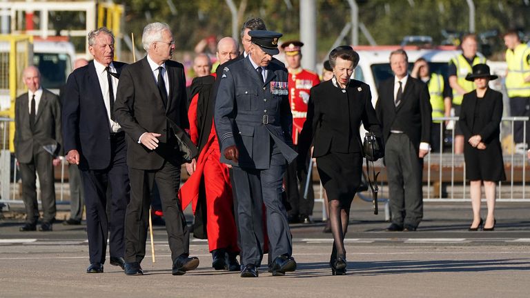 Britain's Anne, The Princess Royal arriving at Edinburgh Airport as she accompanies the coffin of Queen Elizabeth II  on its journey from Edinburgh to Buckingham Palace, London, where it will lie at rest. Picture date: Tuesday September 13, 2022.    Andrew Milligan/Pool via REUTERS