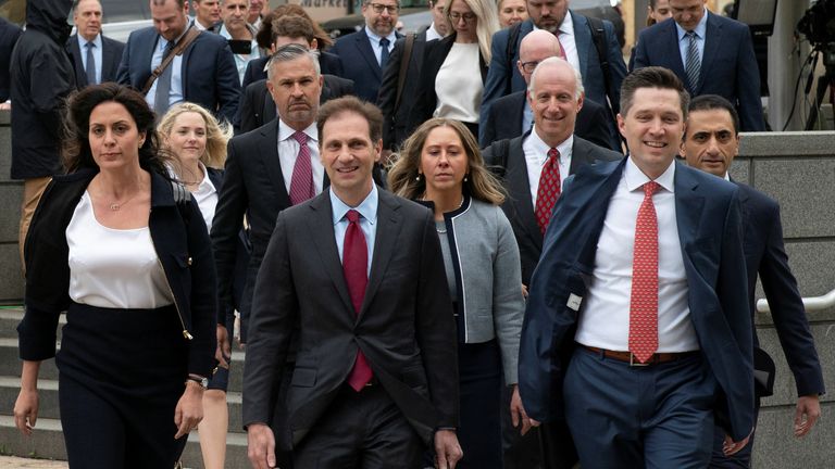 Dominion lawyers arrive to the courthouse as jury selection continues in Dominion Voting Systems&#39; $1.6 billion defamation lawsuit against Fox over its coverage of debunked election-rigging claims, in Delaware Superior Court in Wilmington