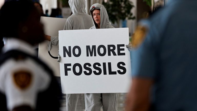 An activist attends a protest at the United Nations Climate Change Conference COP28 in Dubai, United Arab Emirates, December 11, 2023. REUTERS/Thaier Al-Sudani