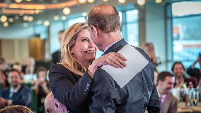 Prince Edward and Sophie, the Duchess of Edinburgh, embrace after a heartfelt speech in Leeds, 8 March 2024. Pic: PA