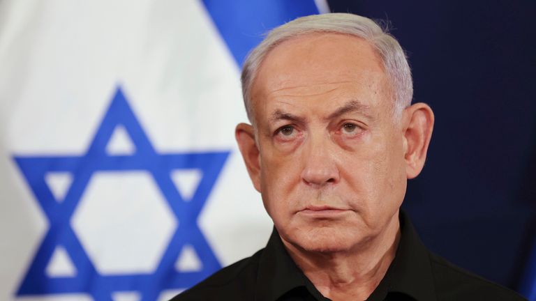 FILE - Israeli Prime Minister Benjamin Netanyahu attends a press conference in the Kirya military base in Tel Aviv, Israel on Oct. 28, 2023. Top Israeli officials are accused of seven war crimes and crimes against humanity by the ICC. (Abir Sultan/Pool Photo via AP, File)