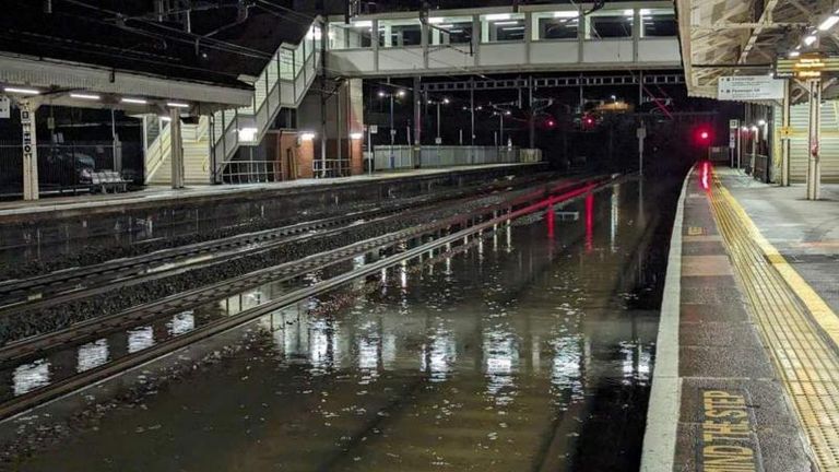 Flood water covering the tracks at Newbury station. Pic: Richard Garvie