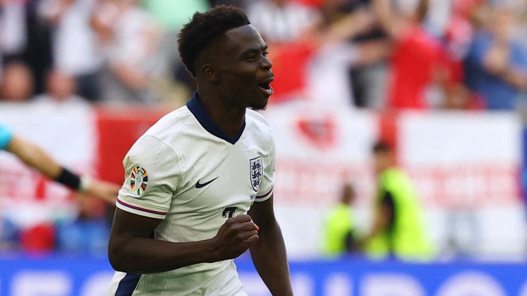 Soccer Football - Euro 2024 - Quarter Final - England v Switzerland - Dusseldorf Arena, Dusseldorf, Germany - July 6, 2024 England's Bukayo Saka celebrates scoring their first goal Pic: Reuters