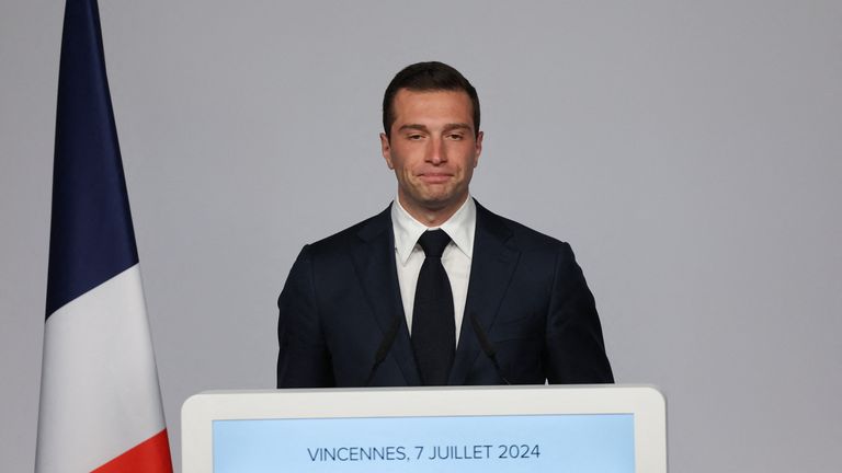 Jordan Bardella, President of the French far-right Rassemblement National (National Rally - RN) party, react on stage after partial results in the second round of the early French parliamentary elections in Paris, France, July 7, 2024. REUTERS/Kevin Coombs