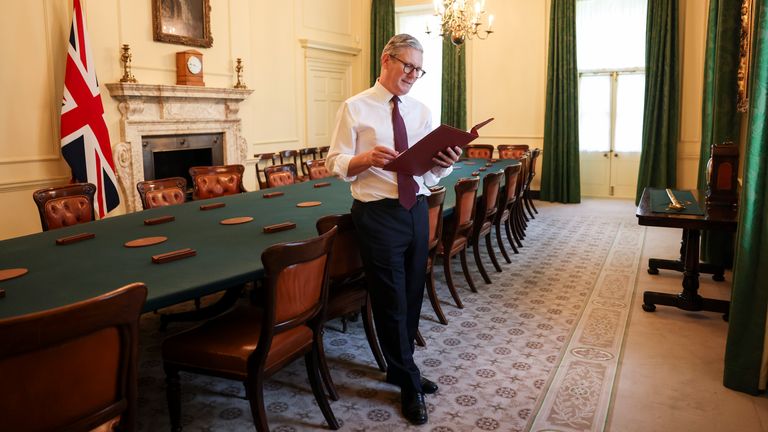 Prime Minister Keir Starmer reads through his King's Speech in the cabinet office in 10 Downing Street.
Pic:No 10 Downing Street
