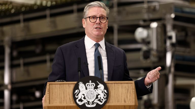 Keir Starmer gives a speech during a visit to a manufacturing facility in Chester.
Pic: PA