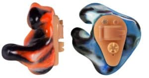 A pair of E.A.R. Customized Hearing aids available in different colors.