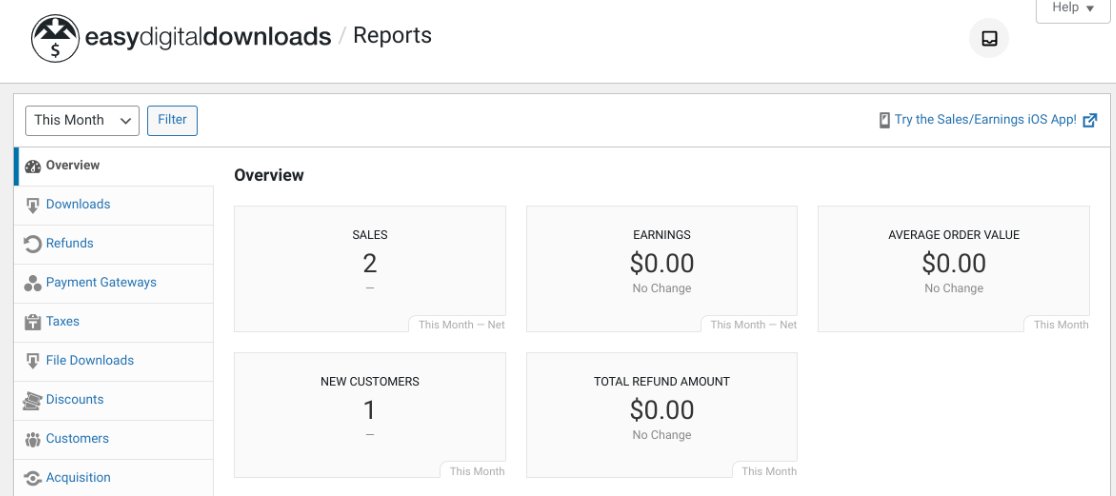 Easy Digital Downloads review showing the reports page.