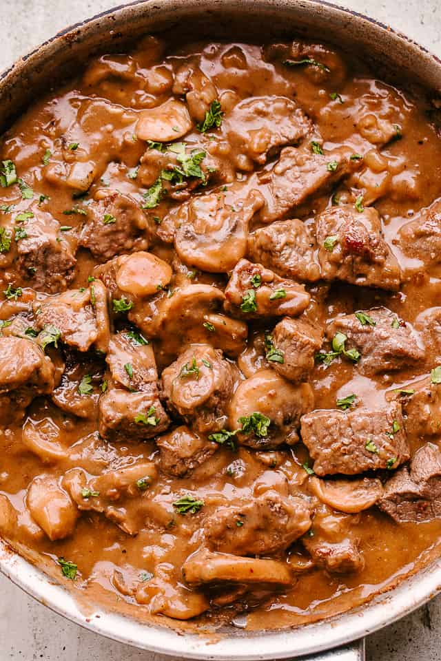 Beef tips with mushroom gravy.