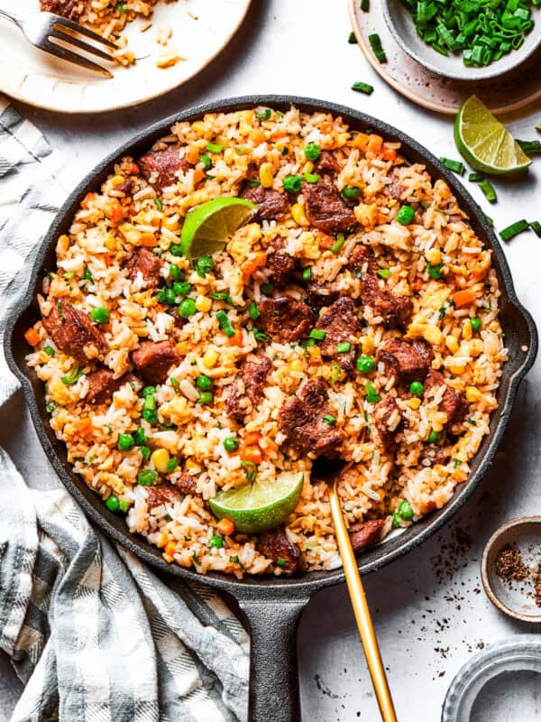 Overhead image of steak fried rice in a skillet.