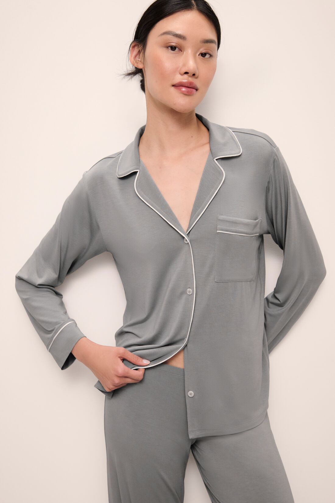 Model wears Gisele TENCEL™ Modal Long PJ Set in moonlight/ivory.