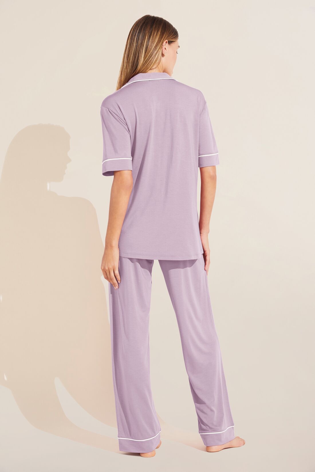 Model wears Gisele TENCEL™ Modal Short Sleeve & Pant PJ Set in lavender/ivory.