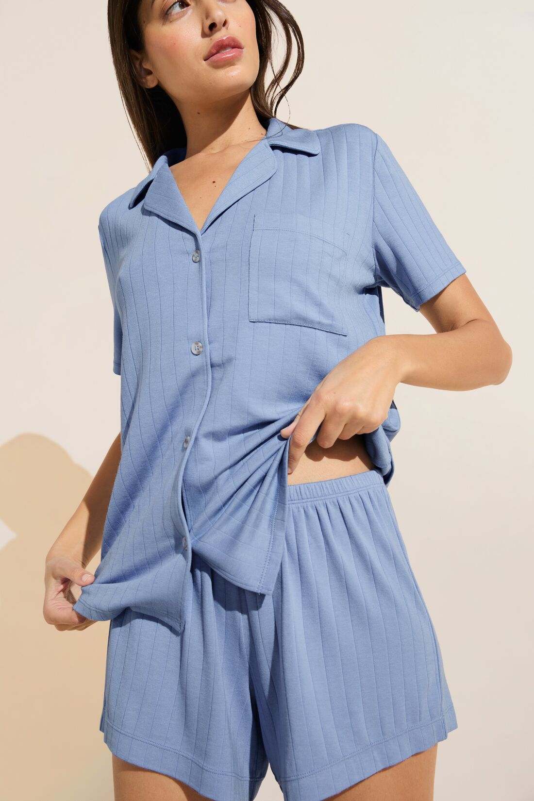 Model wears Gisele TENCEL™ Modal Rib Relaxed Short PJ Set in wedgewood blue.