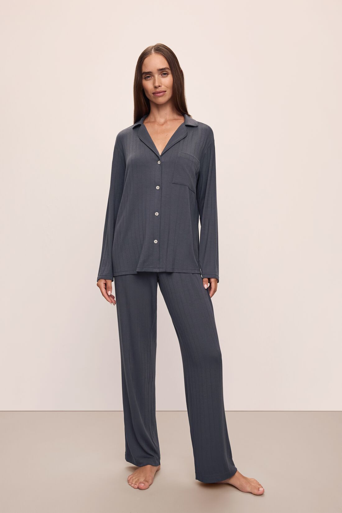 Model wears Gisele TENCEL™ Modal Rib Long PJ Set in Graphite.