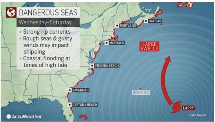 Hurricane Larry is expected to bring strong rip currents, rough seas and gusty winds, along with coastal flooding at times of high tide along the East Coast this week.