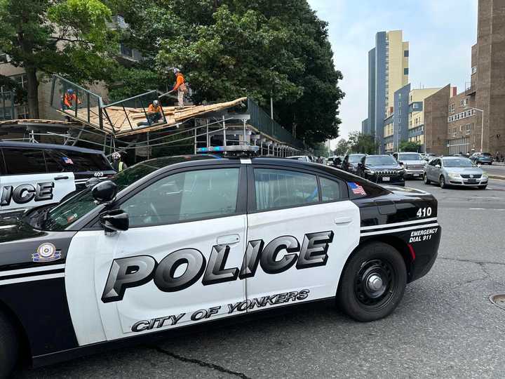 A section of scaffolding next to eastbound Prospect Street between Riverdale Avenue and South Broadway (Route 9) in Yonkers was damaged by a crash.