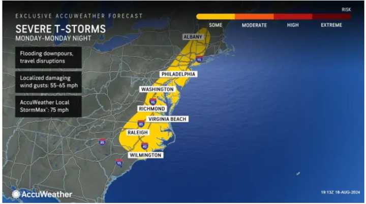 Areas shown in yellow are most likely to see severe storms on Monday, Aug. 19.