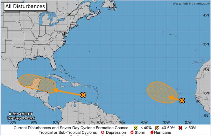 Here's a look at the pair of tropical waves being monitored in an image released Tuesday, Sept. 3, by the&nbsp;National Hurricane Center.