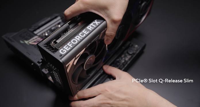 A PC buildser removing a graphics card using the PCIe Q-Release Slim mechanism