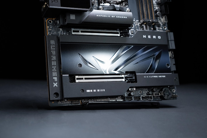 The lower half of the ROG Crosshair X870E Hero motherboard