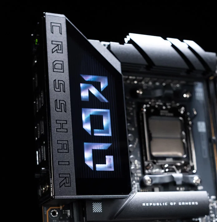 A closeup view of Polymo Lighting II on the ROG Crosshair X870E Hero motherboard