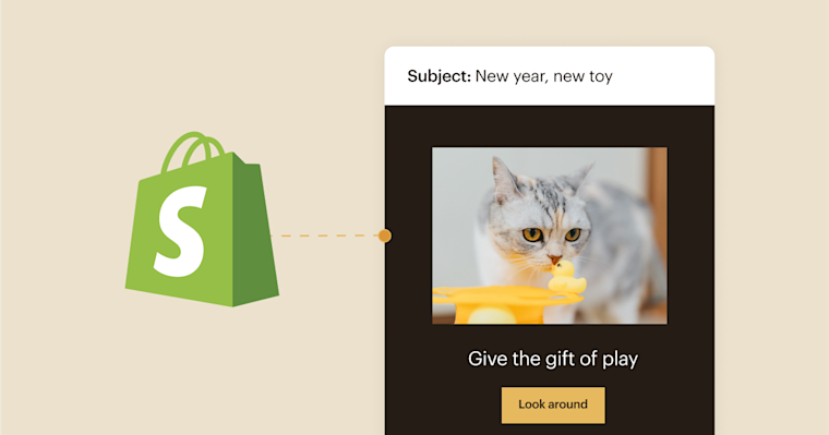 The Shopify logo is to the left of a mobile screen displaying an email with the subject line, “New year, new toy” while the body of the email shows a gray cat sniffing a small yellow rubber duck. The text of the email and the CTA button read, “Give the gift of play” and Look around,” respectively.