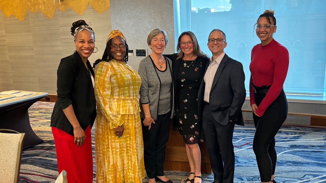 (From Left) Dr. Nia Nunn, Southside Community Center Board President, Chavon Bunch, Southside Community Center Executive Director, Susan H. Murphy ’73, PhD ’94, former vice president for student and academic services, Rebecca Morgenstern Brenner, senior lecturer at the Jeb. E. Brooks School of Public Policy, Doug Kaplan ‘88, and Kayla Matos, Southside Community Center Deputy Director at the Einhorn Center’s 2nd Annual Community Engagement Awards.