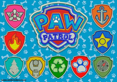 The pack of embroidery designs Logo of dogs from Paw Patrol consists of 10 items