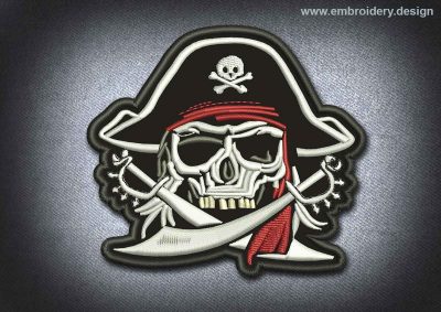 This Pirates Patch Skull Jolly Roger design was digitized and embroidered by www.embroidery.design.