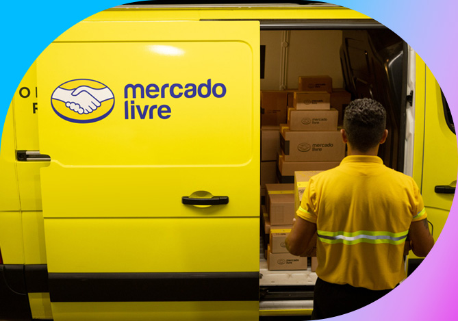 Imagem de uma van do Mercado Livre fazendo entrega de produtos vendidos por dropshipping no Mercado Pago