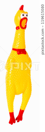 toy rubber yellow chicken isolated on white background 119615080