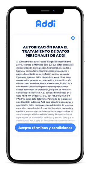 aceptando términos y condiciones en ADDI