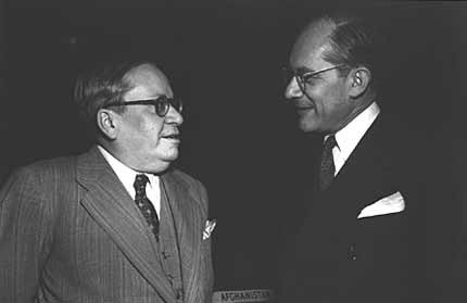 Raphael Lemkin (right) with Ambassador Amado of Brazil (left) before a plenary session of the General Assembly at which the Convention ...