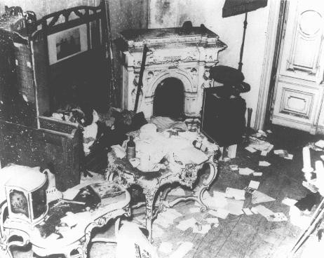 A private Jewish home vandalized during Kristallnacht (the "Night of Broken Glass" pogrom).