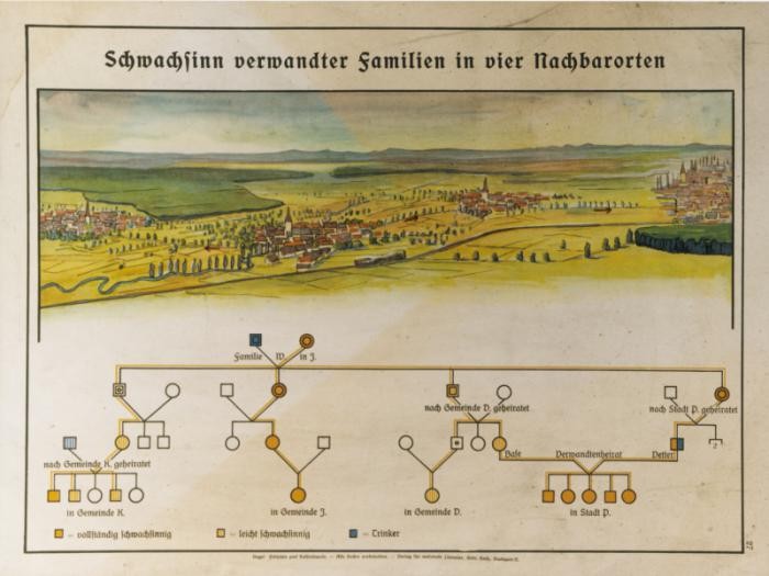 Nazi eugenics poster entitled "Feeble-mindedness in related families in four neighboring towns." Germany, 1935.