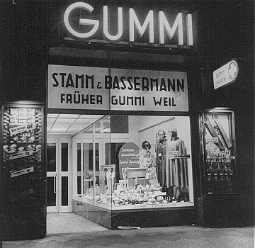 "Aryanization" of Jewish-owned businesses: a formerly Jewish-owned store (Gummi Weil) expropriated and transferred to non-Jewish ...